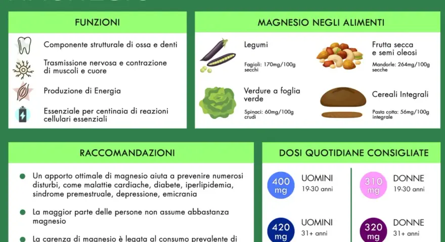 Alimenti ricchi di magnesio e potassio: legumi, verdure a foglia verde, frutta secca, semi oleosi e cereali integrali. Scopri le dosi consigliate.