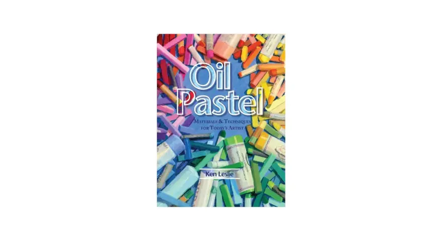 Boken "Oil Pastel" visar hur man kan måla med oljekritor. Massor av färgglada kritor i olika nyanser av blått, grönt, rosa och gult.