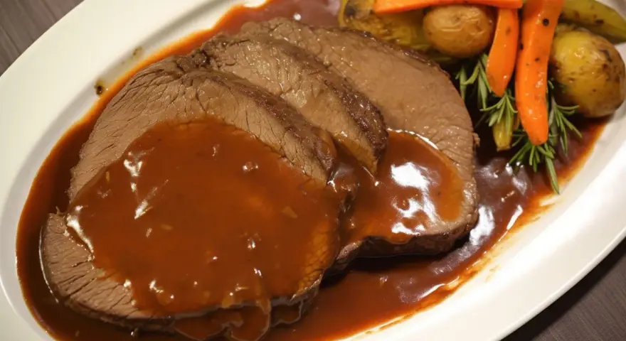 Fette fette di brasato ricetta con salsa, contornate da patate novelle, carote e rosmarino.