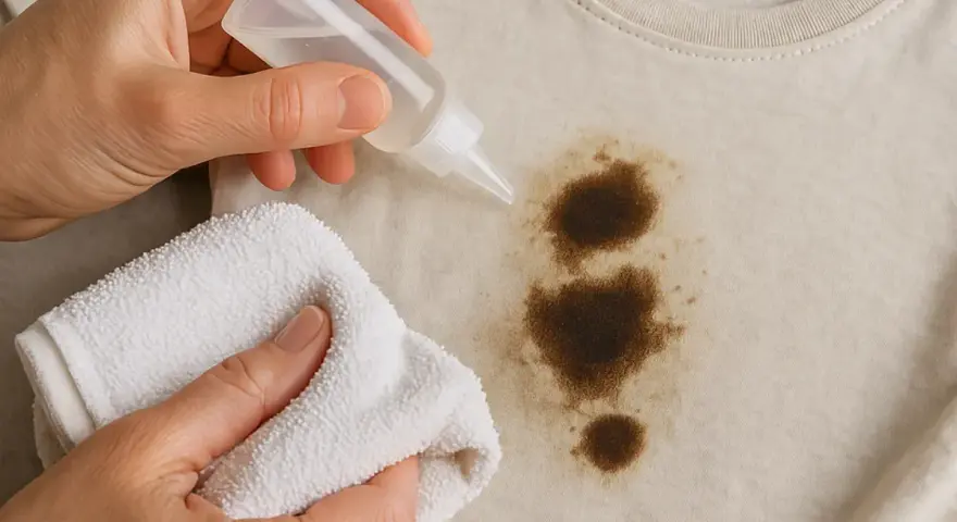 Manos aplicando líquido a una mancha de grasa en ropa beige, usando un paño blanco para frotar. Aprende como quitar grasa de la ropa.