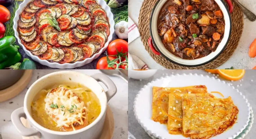 Cuatro platos de comida tradicional francesa: ratatouille, boeuf bourguignon, sopa de cebolla y crepes Suzette.
