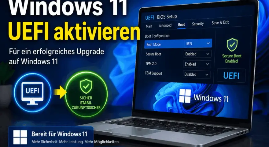 Anleitung: Windows 11 erfordert UEFI. Das Bild zeigt, wie man im BIOS/UEFI-Setup die Option "Boot Mode" auf UEFI stellt, um TPM 2.0 und Secure Boot zu aktivieren.