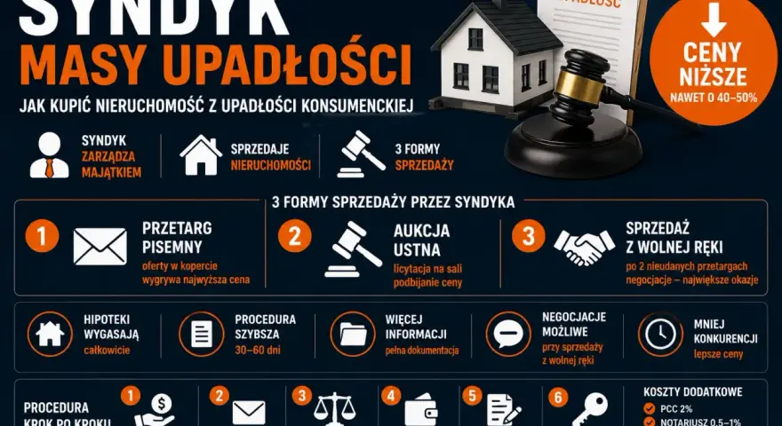 Syndyk masy upadłościowej zarządza majątkiem, sprzedaje nieruchomości. Brak majątku nie jest przeszkodą w zakupie. Ceny niższe nawet o 40-50%.