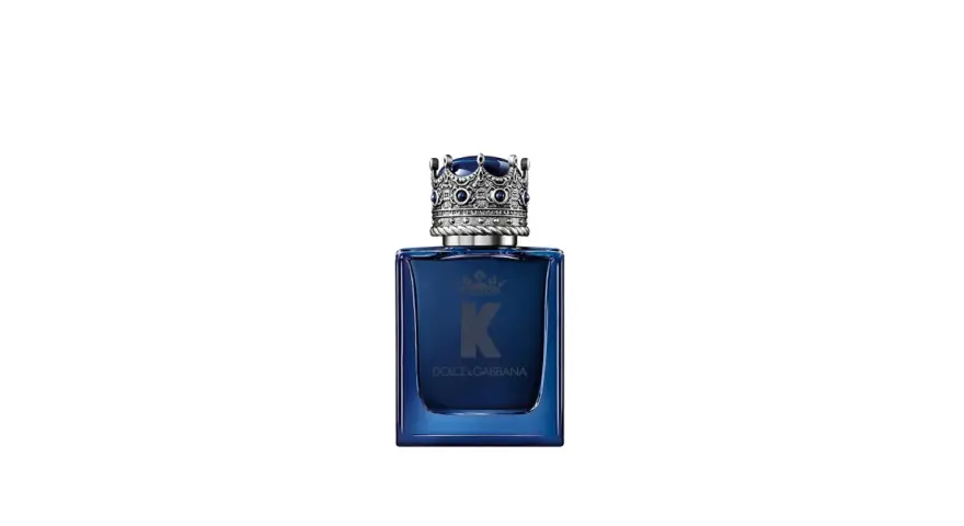 Dunkelblaue Glasflasche mit silberner Krone als Verschluss und "K DOLCE & GABBANA" Schriftzug.