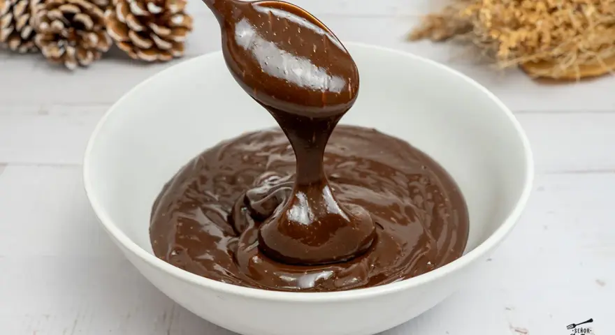 Cuchara con ganache de chocolate cayendo en un cuenco blanco. El chocolate es brillante y sedoso, perfecto para postres.