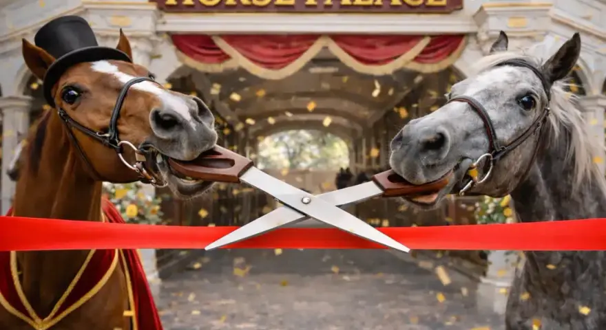 Deux chevaux coupent un ruban rouge avec des ciseaux, sous l'enseigne "HORSE PALACE". Une scène festive pour l'ouverture d'une pension cheval.