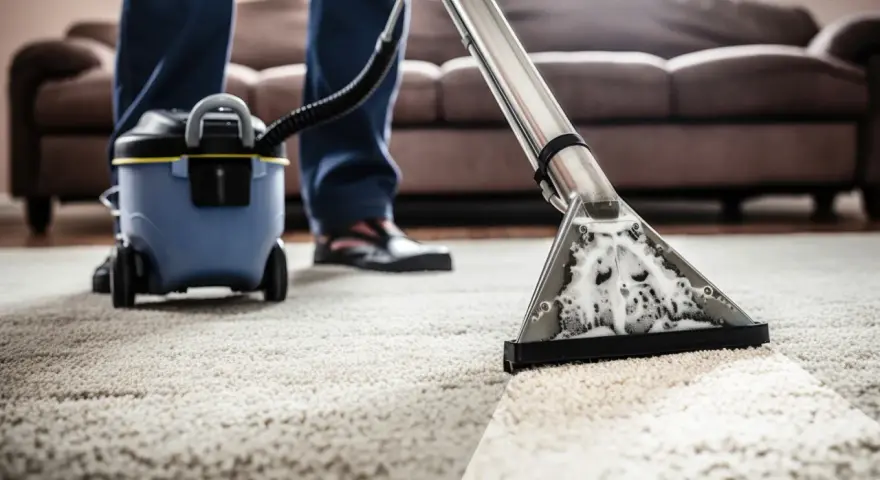 Un homme utilise une shampouineuse pour nettoyer un tapis. La machine projette de l'eau savonneuse et l'aspire, laissant le tapis propre.