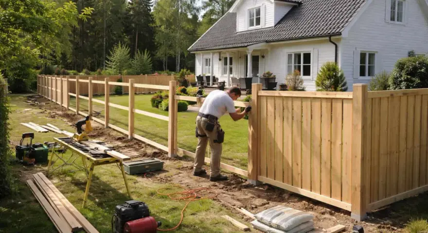 Man bygger staket runt ett vitt hus. Verktyg och material ligger utspritt på gräsmattan.