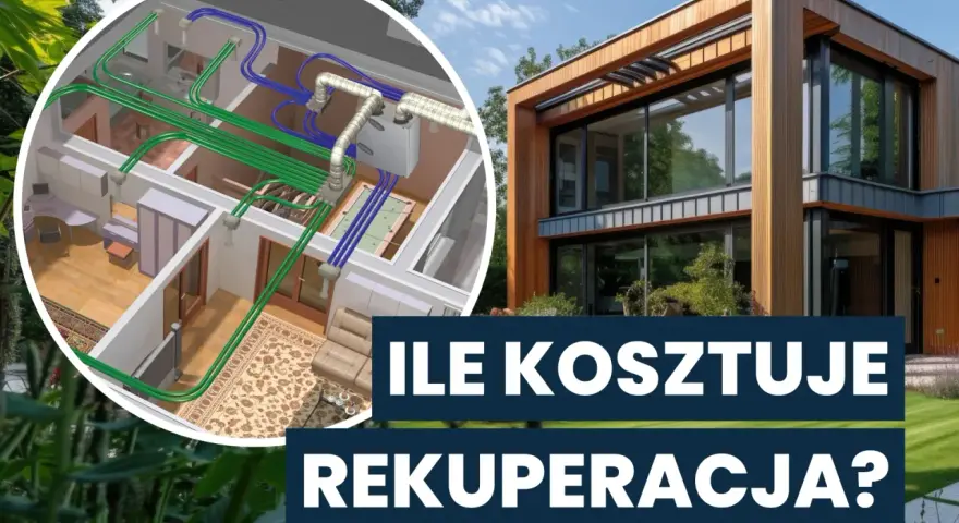 Nowoczesny dom z zielenią i schematem wentylacji mechanicznej z odzyskiem ciepła. Rekuperacja w domu.