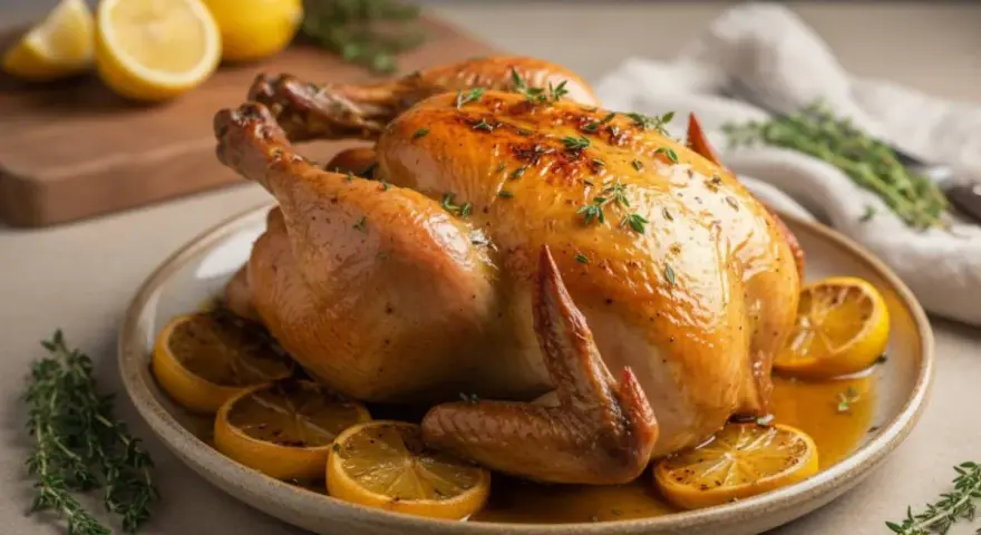 Pollo arrosto dorato con spicchi di limone e timo. Un piatto invitante, perfetto per gustare dei succulenti bocconcini di pollo al limone.