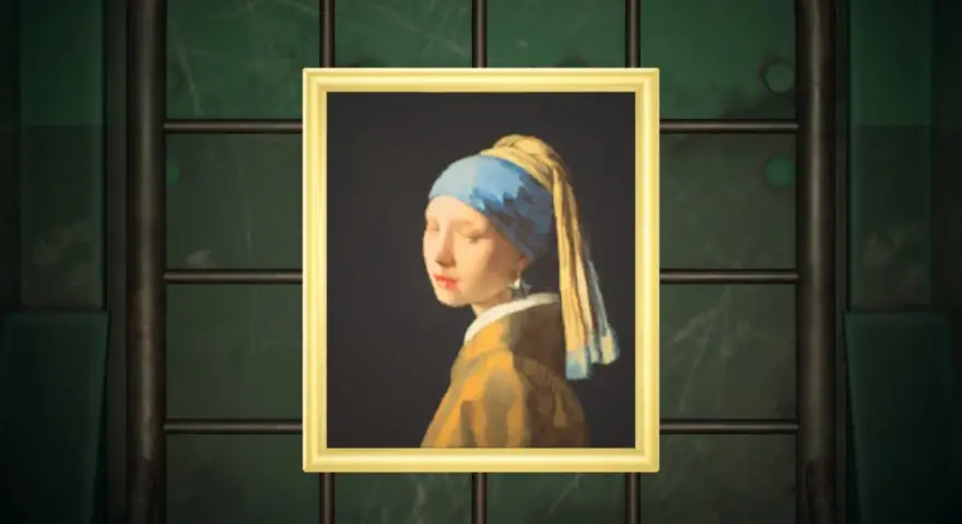 Una de las obras de arte de Animal Crossing, "Muchacha con turbante azul", cuelga en una pared verde.