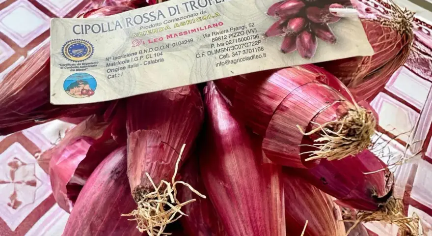 Un fascio di cipolle rosse di Tropea, con la loro etichetta che ne certifica l'origine calabrese.
