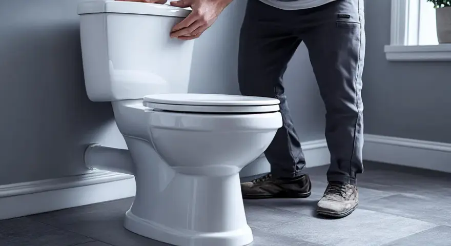 Un homme ajuste le couvercle d'un nouveau **pose wc** blanc, prêt pour l'installation.