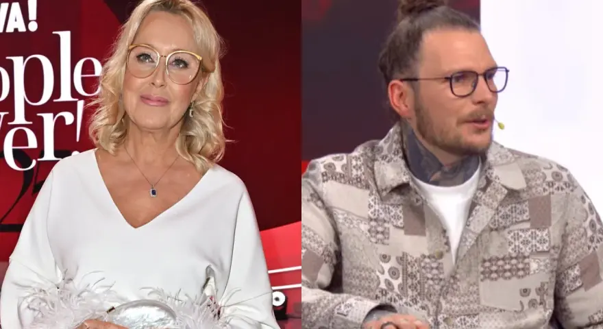 Polskie gwiazdy: Kobieta w białej sukni i okularach oraz mężczyzna z tatuażami i kitką na głowie.