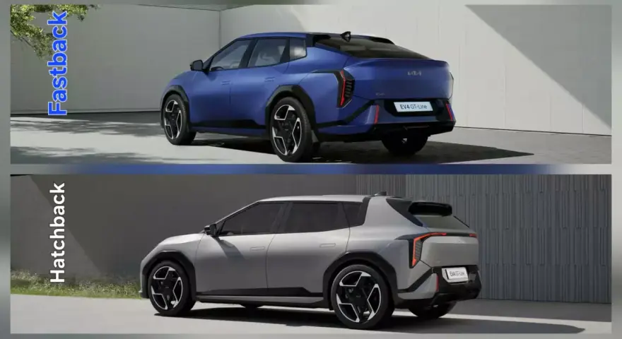 Dwa warianty Kii EV4: niebieski fastback i srebrny hatchback, pokazane z tyłu.