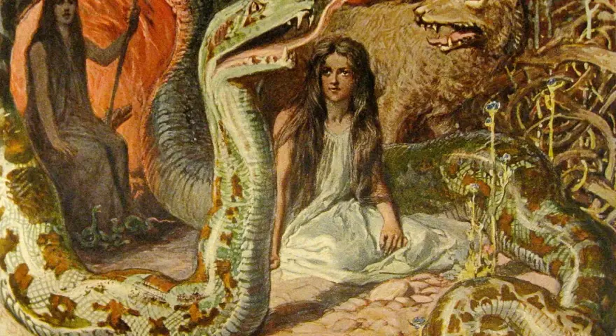 A young woman sits between a giant serpent and a wolf, a scene from Norse mythology depicting Loki's children.