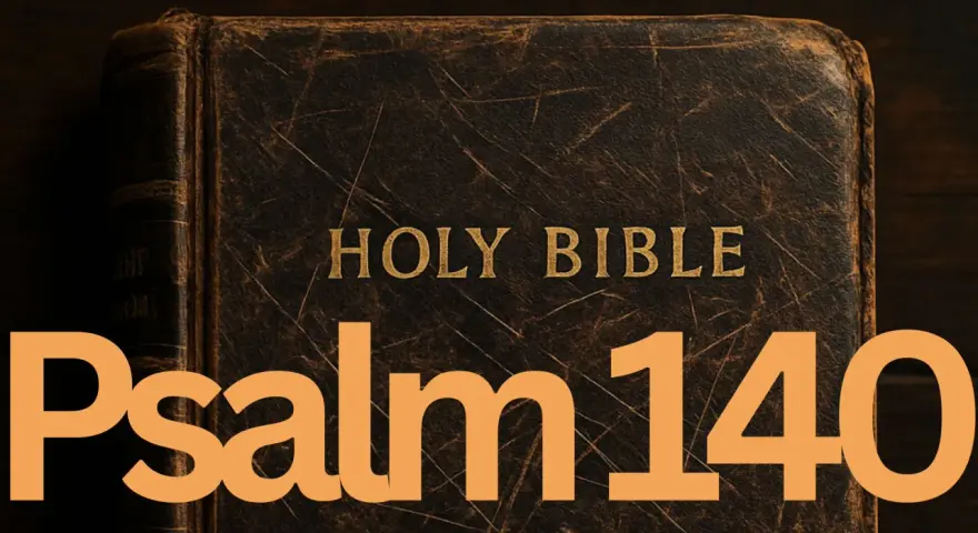 Stara, skórzana Biblia z napisem "Holy Bible" i pomarańczowym tekstem "Psalm 140".
