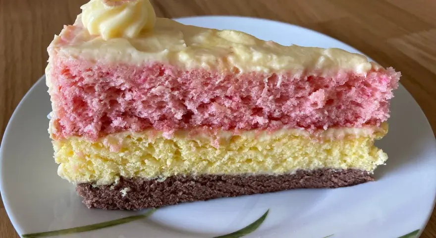 Ein Stück bunte, einfache Torte mit Puddingcreme. Schichten aus Schoko-, gelbem und rosa Biskuit, bedeckt mit cremiger Puddingfüllung.