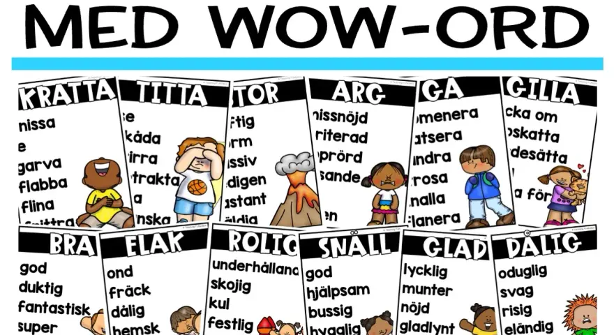 Ordlistor med illustrationer för att bygga ordförråd. Varje ord har en synonym, som "glad" och "lycklig".