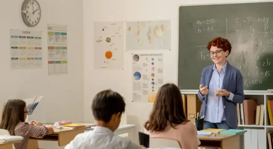 Uśmiechnięta dyrektor szkoły, w okularach, tłumaczy coś uczniom przy tablicy. W klasie wiszą kalendarze i mapy.
