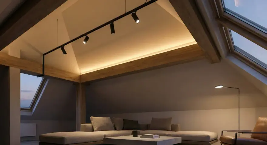 Accogliente mansarda con tetto spiovente, illuminazione a faretti e luce d'ambiente calda.