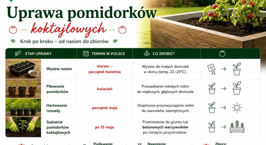 Uprawa pomidorków koktajlowych krok po kroku: od wysiewu nasion po zbiory. Poradnik zawiera terminy i wskazówki.