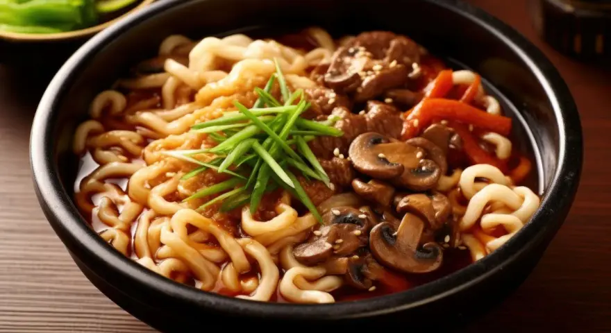Miseczka pełna grubego makaronu udon w sosie teriyaki z kawałkami wołowiny, pieczarkami i szczypiorkiem.
