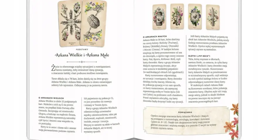 Na stronie widoczne są karty wyroczni po polsku: Arkana Wielkie i Małe. Obok nich tekst opisujący ich znaczenie.