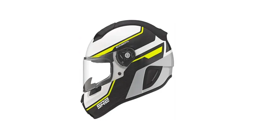 Casco Schuberth S2 blanco con detalles en amarillo y gris. Opiniones positivas sobre su seguridad y comodidad.