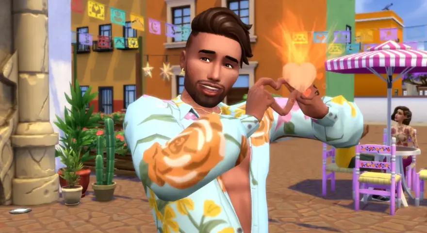 Sympatyczny Sim z gry **Woohoo Sims 4** tworzy serce z dłoni, emanując miłością i radością na tle kolorowej uliczki.