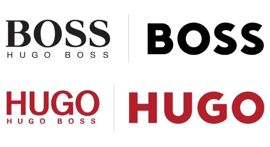 Loghi BOSS e HUGO. La differenza tra Hugo e Boss è visibile nei font e nei colori, con BOSS in nero e HUGO in rosso.