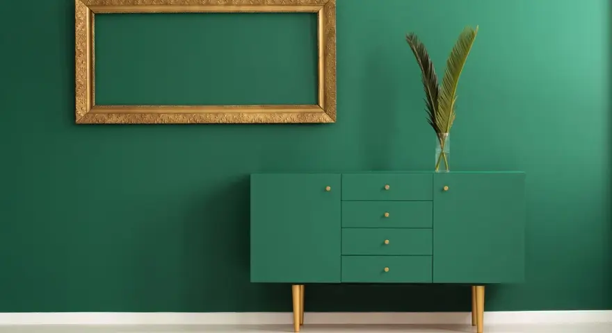 Un mueble verde esmeralda con patas doradas y un marco dorado vacío sobre pared verde. Los colores que pegan con el dorado son el verde intenso y el blanco.