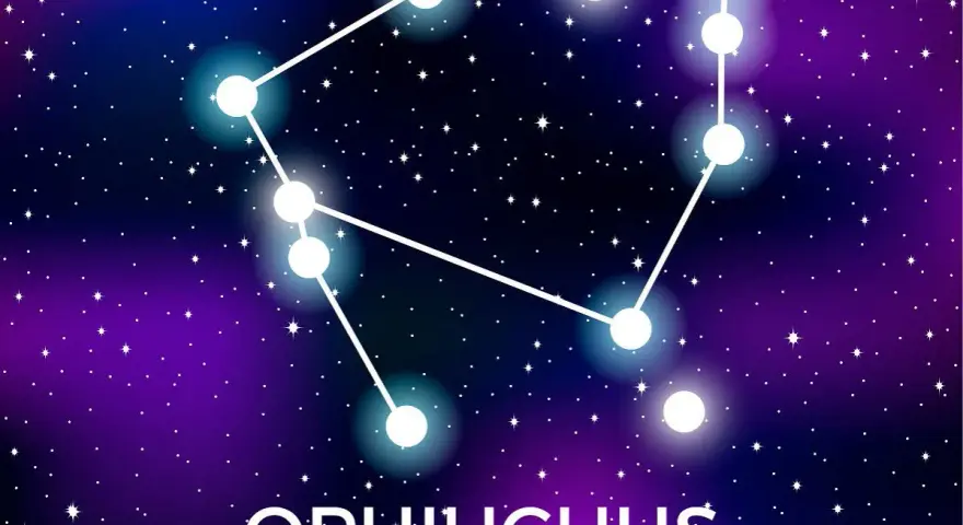 Gwiazdozbiór Wężownika, jeden z 13 znaków zodiaku, na tle nocnego, gwieździstego nieba.