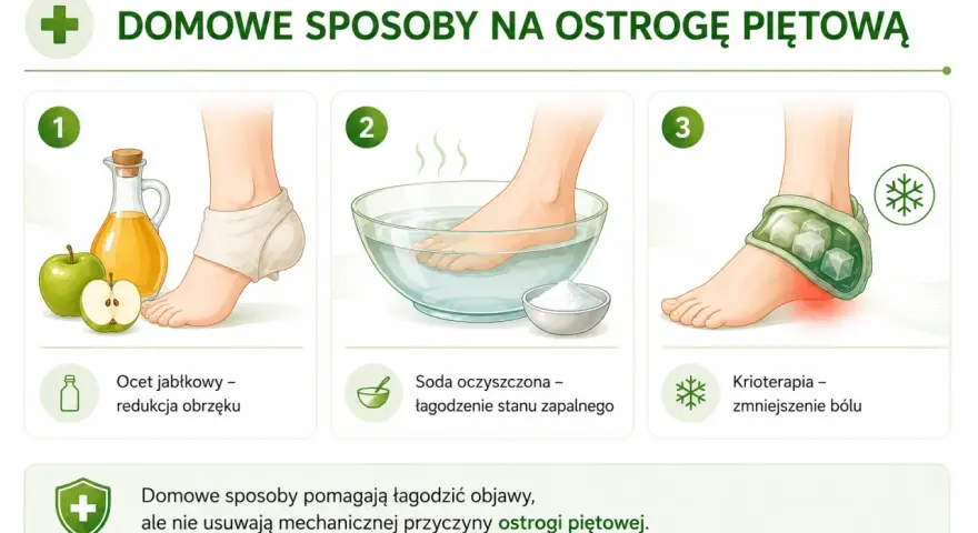 Domowe sposoby na ostrogę piętową: okład z octu jabłkowego, kąpiel z sodą, krioterapia. Pomagają złagodzić ból pięty.