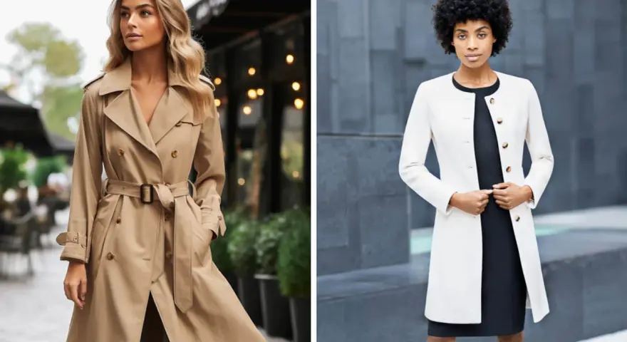 Dos mujeres lucen elegantes: una con gabardina beige clásica, la otra con un abrigo blanco moderno. Ideas de como llevar una gabardina mujer.