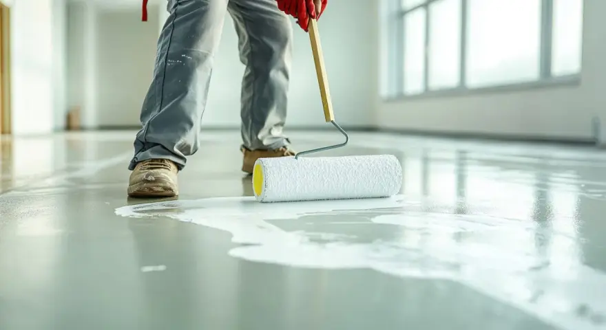 Application d'une primaire d'accrochage avant étanchéité sur un sol en béton. Un ouvrier en combinaison grise et gants rouges utilise un rouleau pour étaler le produit blanc.
