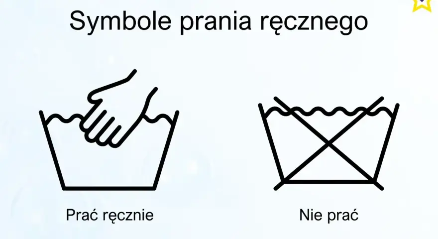 Symbole prania ręcznego: ręka w wodzie oznacza "prać ręcznie", a przekreślony symbol w wodzie oznacza "nie prać".