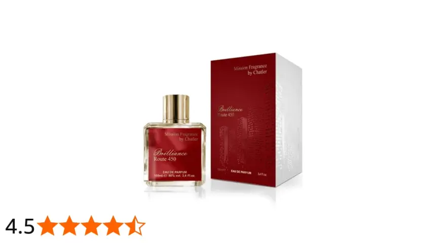 Elegancka butelka perfum "Brilliance Route 450" od Chatler i jej czerwone opakowanie z motywem miasta.
