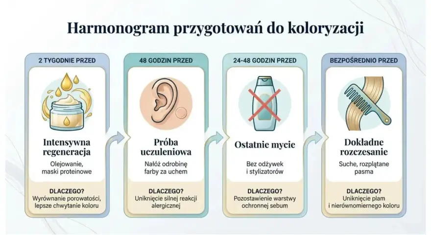Harmonogram przygotowań do farbowania włosów: regeneracja, próba uczuleniowa, ostatnie mycie i rozczesanie.
