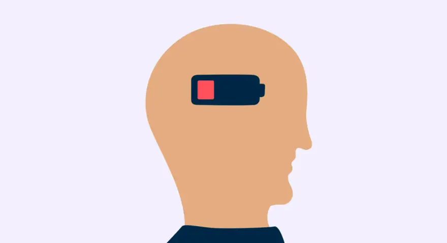 Profil av ett huvud med ett batteri som visar låg laddning, en symbol för emotionell utmattning.