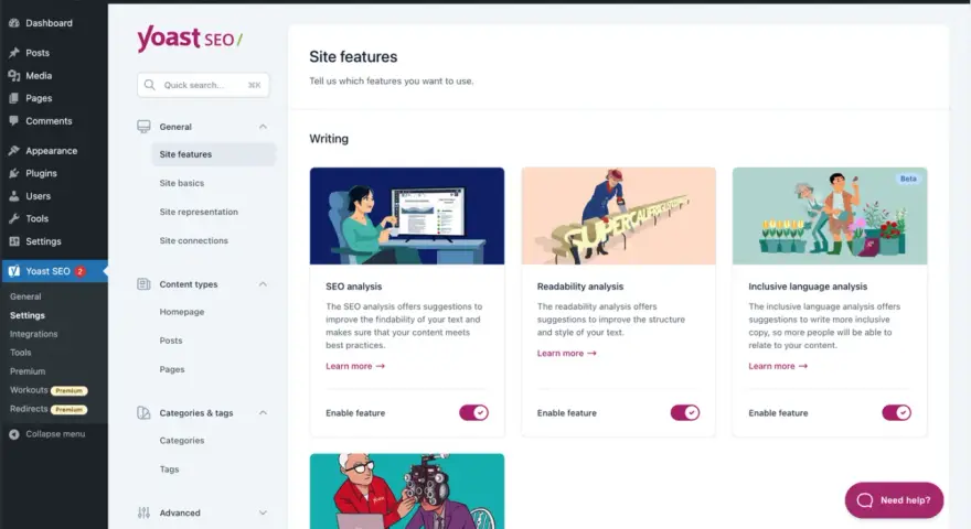 Interface de configuration de Yoast SEO, section "Site features" pour optimiser le wp seo. Analyse SEO, lisibilité et langage inclusif.
