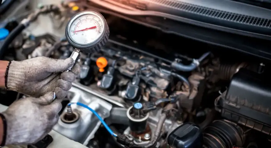 Mechanik sprawdza jakie minimalne ciśnienie sprężania diesel za pomocą manometru.