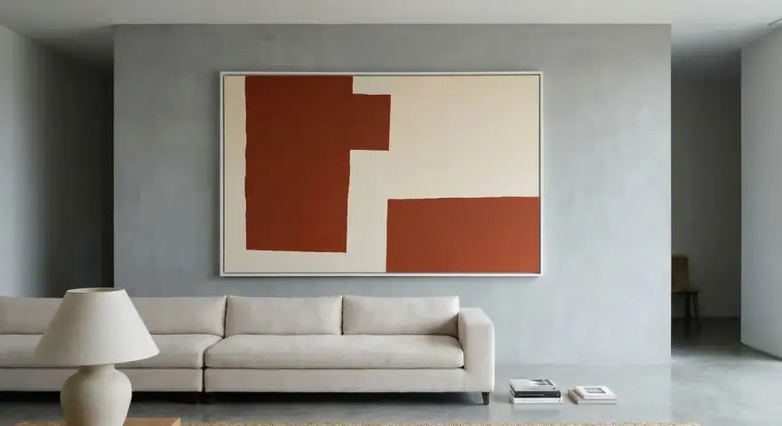 Un soggiorno minimalista con un divano bianco, un tappeto in juta e un quadro astratto su pareti colorate moderne.