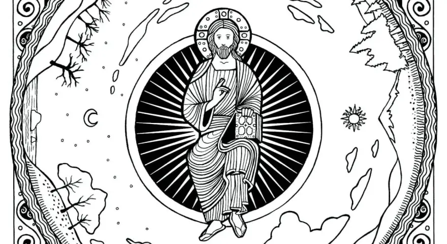 Illustration of Christ in a halo, holding a book, reminiscent of a divine office hymnal, surrounded by celestial and earthly elements.