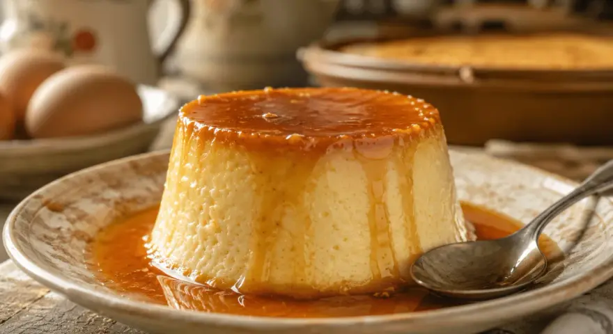 Delicioso flan de huevo casero con caramelo líquido, listo para disfrutar.