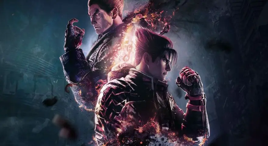Jin Kazama i Kazuya Mishima w płomieniach, zapowiadający emocjonującą premierę Tekken 8.