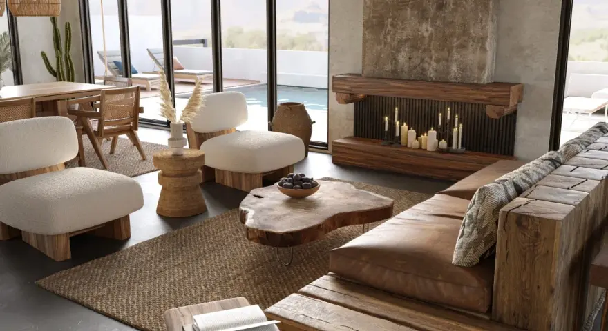 Un acogedor salón wabi sabi con sofá de madera rústica, chimenea de piedra y muebles de fibras naturales.