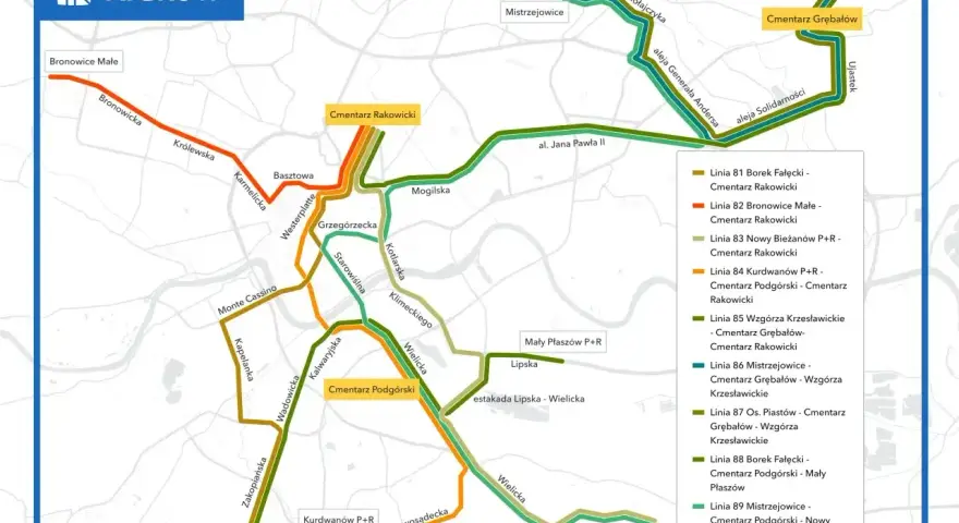 Mapa Krakowa z zaznaczonymi liniami tramwajowymi, w tym linia c łącząca Cmentarz Rakowicki z Bronowicami Małymi.