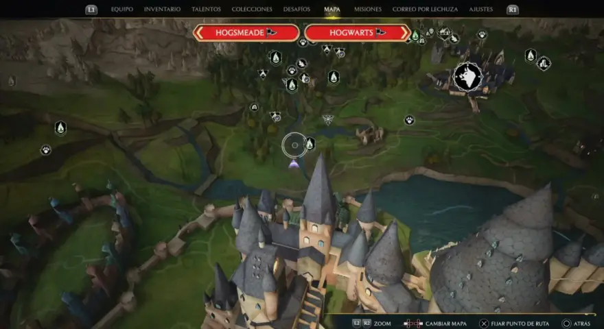 Mapa de Hogwarts Legacy, con Hogsmeade y Hogwarts visibles. El fantasma de nuestro amor hogwarts legacy nos guía por el mapa.