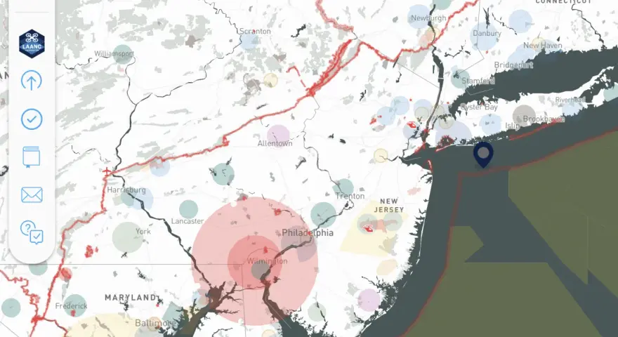 Map showing flight restrictions and drone activity across the Northeast US, with a focus on nj drones.